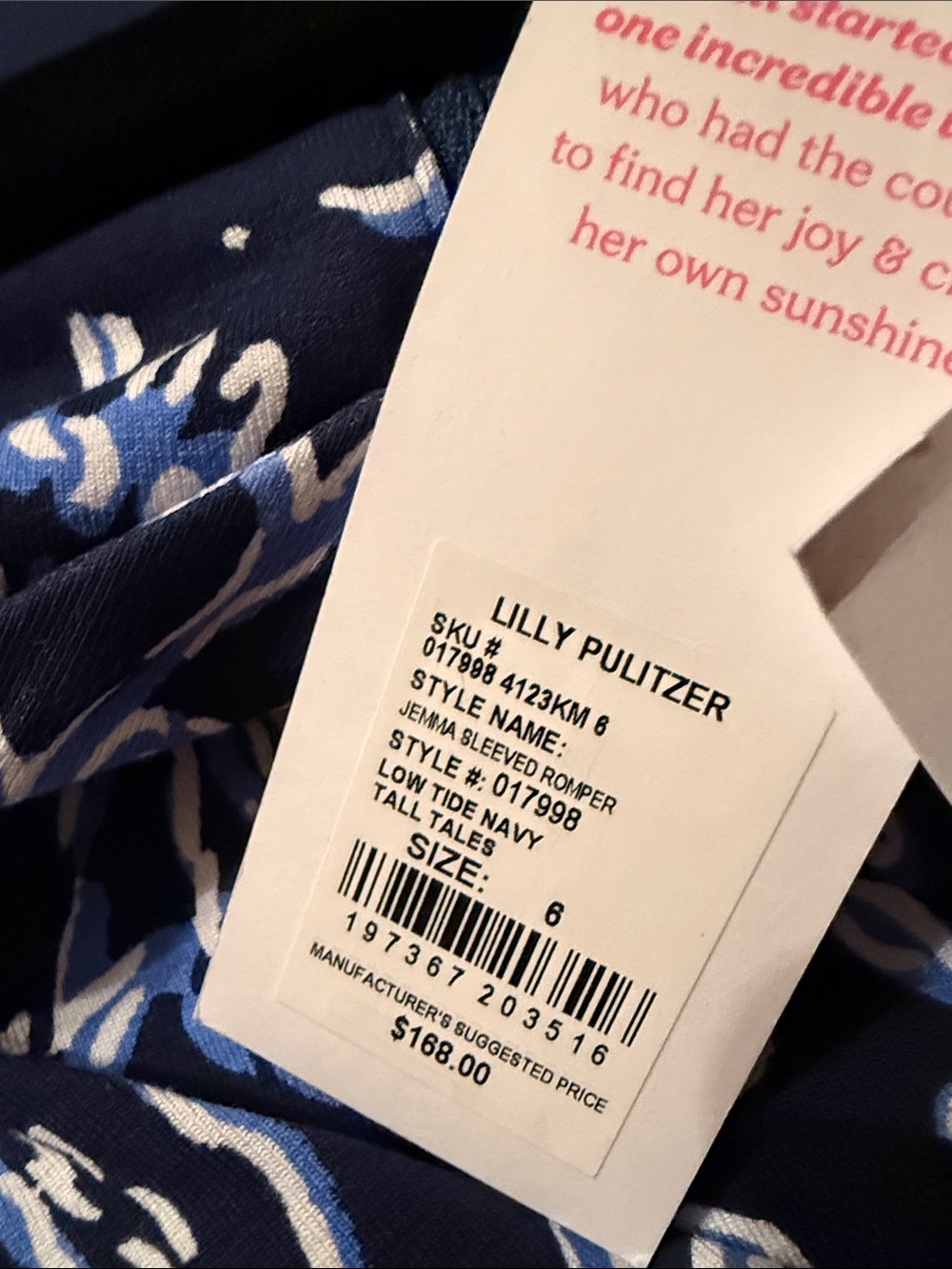 NWT Lilly Pulitzer Jemma Sleeved Romper Low Tide Navy Tall Tales Size 6 - Picture 3 of 12
